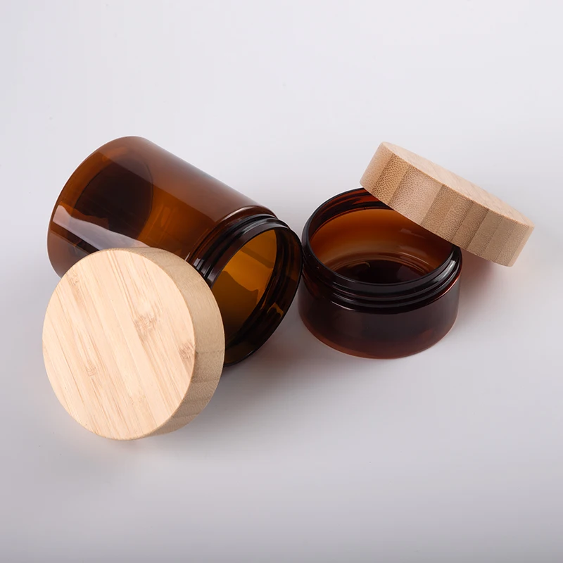 8oz 16oz 250mL 500mL frosted bamboo products amber clear pet plastic body butter cosmetic cream containers jar with bamboo lid