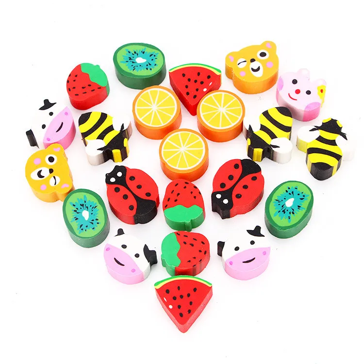 Милый мультяшный Канцелярский ластик, 24 шт., забавный мини Ластик в виде фруктов и животных, индивидуальный детский набор ластиков для карандашей