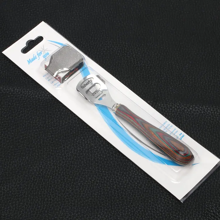 High quality stainless steel foot scraper color wood handle to remove dead skin