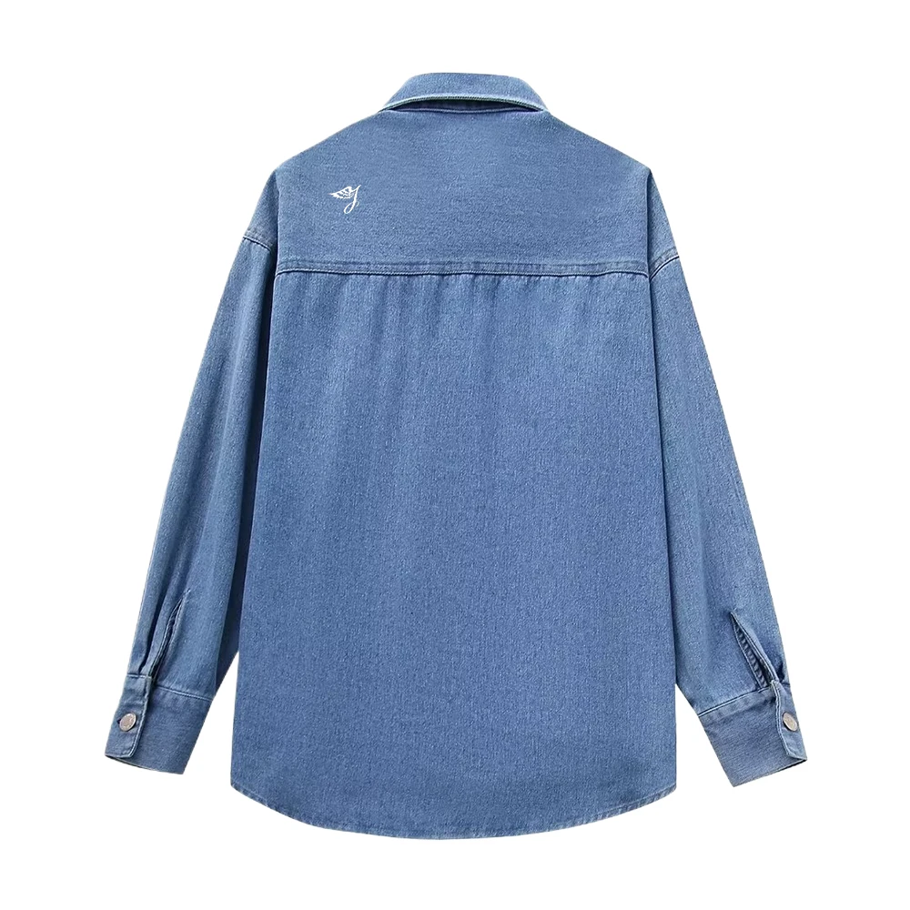 SMO blue pearl shirt rhinestone shirts women denim jean shirt For Ladies