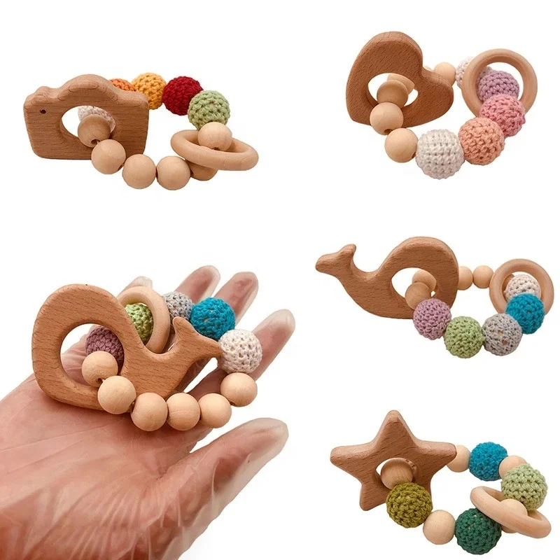 1 pc wooden teether hedgehog crochet beads wood crafts ring engraved bead baby teether wooden toys for baby rattle