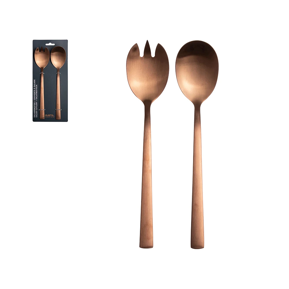 Headercard 2pcs modern design stainless steel 18/10 gold salad serving fork and spoon set
