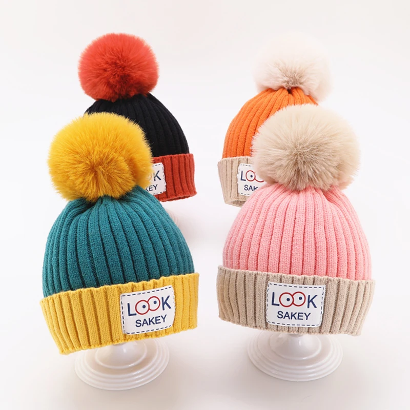 Customization winter baby girl kids hats knitted beanie warm hats and caps custom with faux fur pom