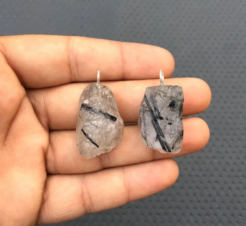 2 Pieces Genuine Quality Natural Black Rutile Untreated Rough Gemstone 92.5 Sterling Silver Charm Pendant Wholesale