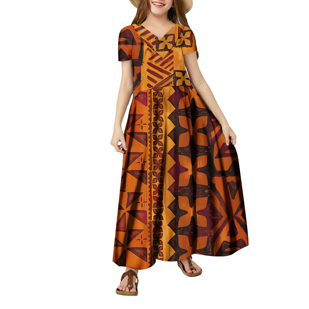 New Low Price Wholesale Custom Pacific Designs TAPA Print Girl Dress Melanesia V Neck Short Sleeve Maxi Kids Dresses For Girls