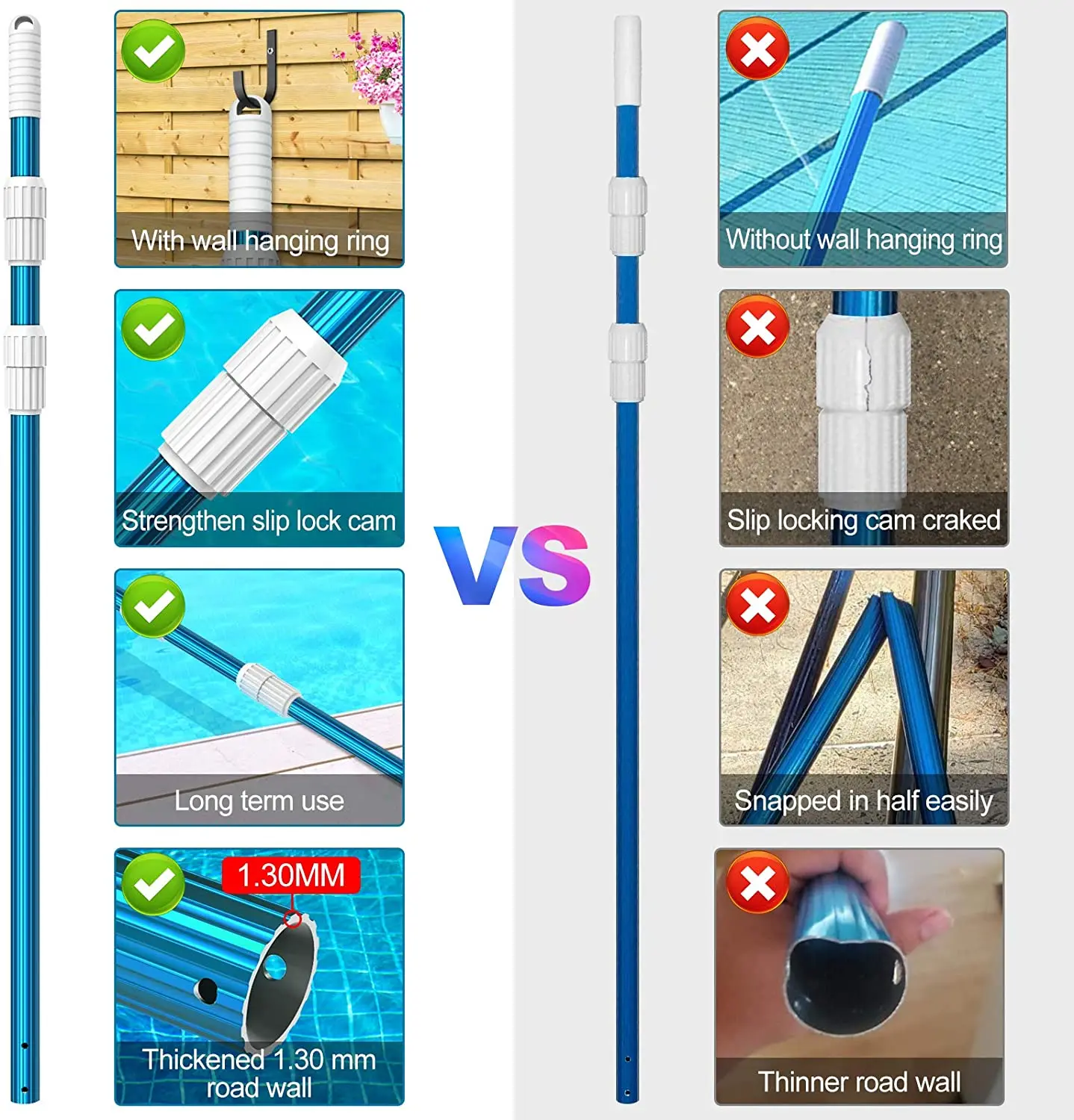 15 Feet Thicken 1.3mm Blue Aluminum Telescoping Swimming Pool Pole,Adjustable 3 Piece Expandable Step-Up,Attach Connect Skimmer