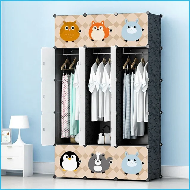 Cartoon colorful chequer and cute animals pattern portable diy PP bedroom wardrobe