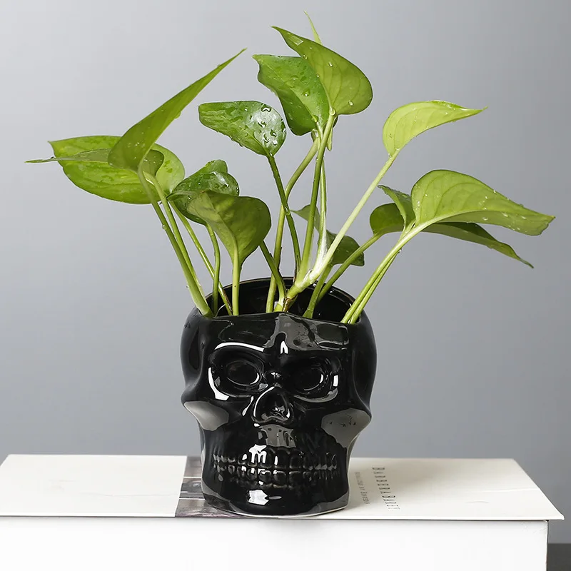 Simple Halloween skull gifts White Black Porcelain Skull Design Flowerpot Garden Creative Desktop Small Flowerpot