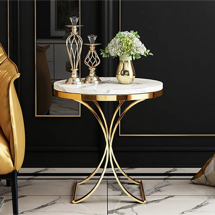 Modern gold stainless steel metal base small round table with marble top living room sofa side table home use furniture