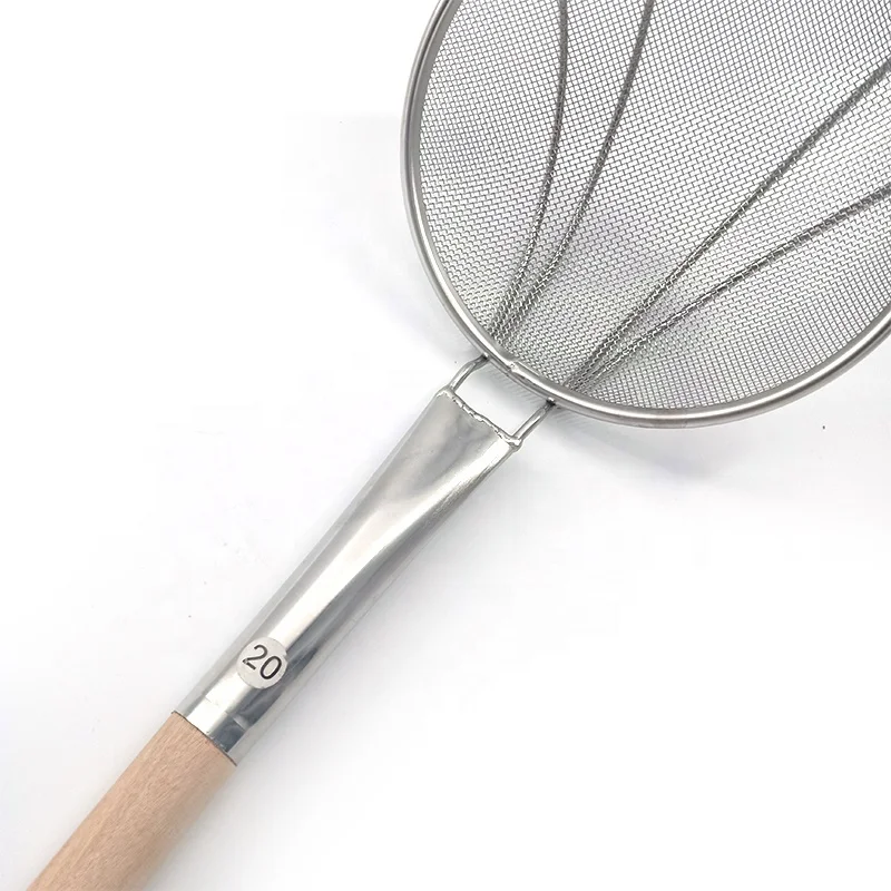 kitchen accessories Mesh wire skimmer fry basket stainless steel colander with long wooden handles