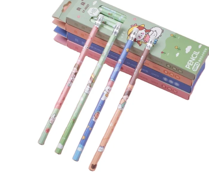 12pcs manufacturers promotional wooden HB pencil set drawing writing eraser pencil