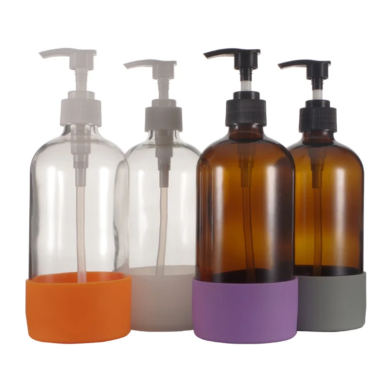  16OZ 500ML янтарный прозрачный для выдачи стеклянных насос бутылка жидкости электронных сигарет красочные силиконовый рукав
