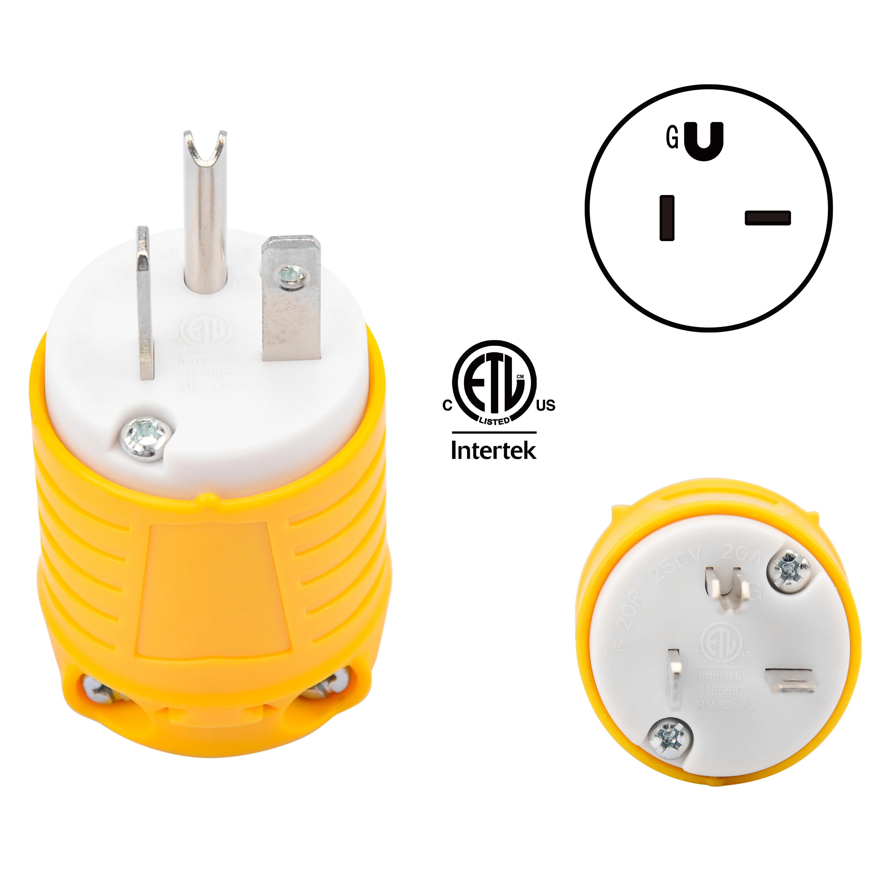 NEMA 6-20P Straight Blade Replacement Plug Connector Male Extension Cord Ends 20A 250V 2 Pole 3 Wire Grounding, ETL Listed