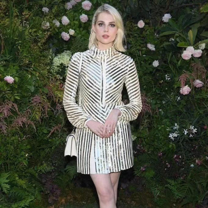 ED2198 Kimshein Ladies Elegant High End Turn Down Collar Long Sleeve Striped Sequin Gala Party Dresses