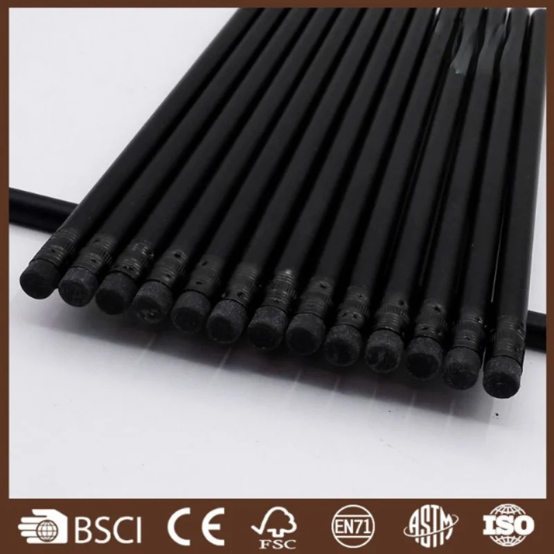 High quality black wood pencil with eraser head HB/2B writing pencil