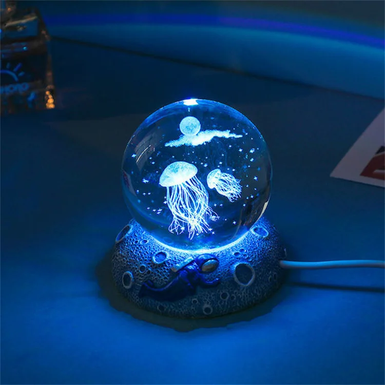 6/8cm Colorful Crystal Ball Decoration Marine Animal LED Light Crystal Ball 3D Interior With Resin Base Home Decor Birthday Gift