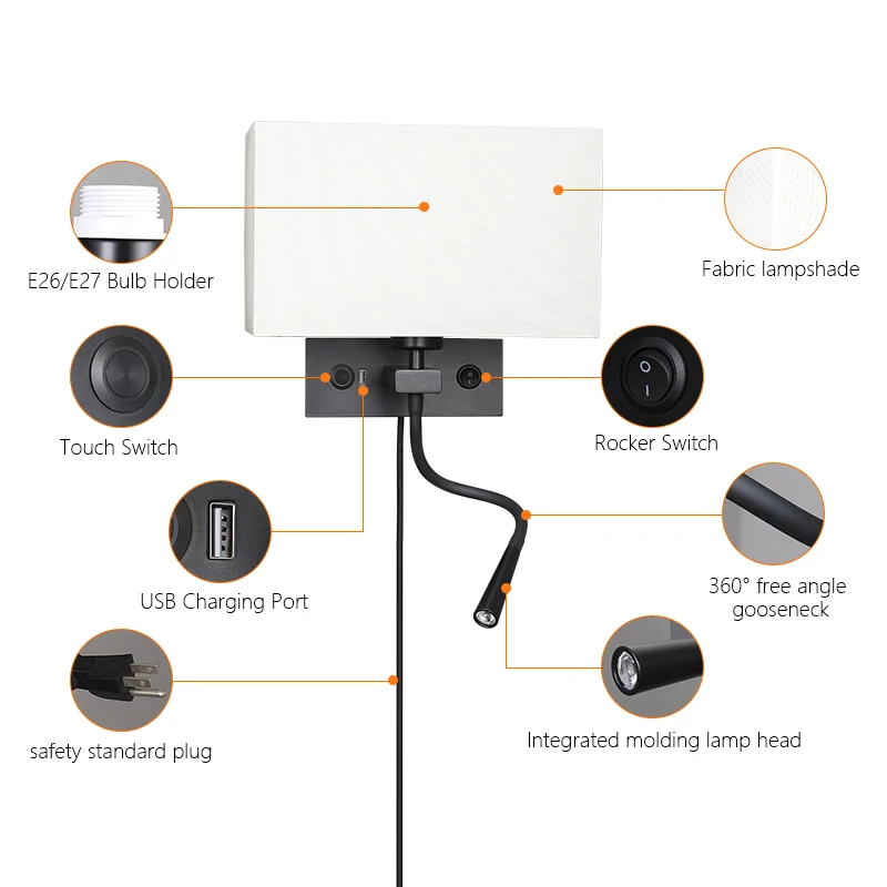 Dimmable Flexible Gooseneck Wall Mount Mounted Bedside Reading LED Light Lamp with USB Port and  double switch Cloth lampshade