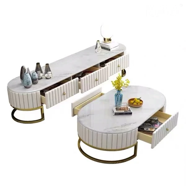 modern coffee table luxury marble top  table stainless steel frame cabinets oval shape living room furniture tv stand