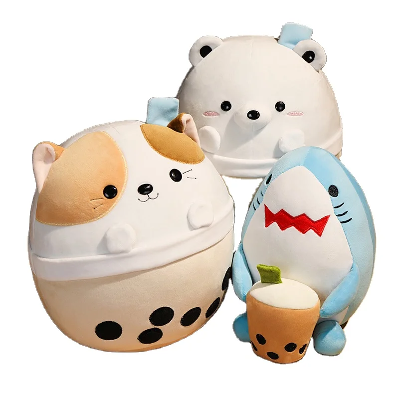 Kawaii Bubble Tea Cats Plush Toy Stuffed Animal Shark Polar Bear Pillow Cup Milk Tea Boba Plushie Doll Kids Girls Birthday Gifts