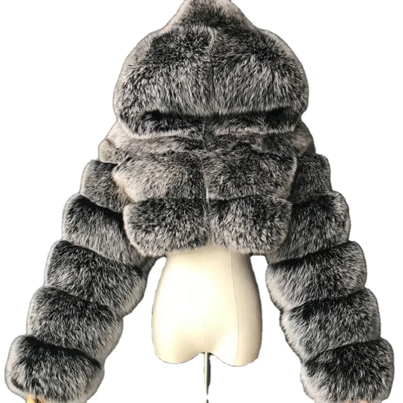 
New Style Black Faux Fur Coat Plus Size for Lady Short Faux Fake Fur Trim for Coat Hood Winter Jacket 
