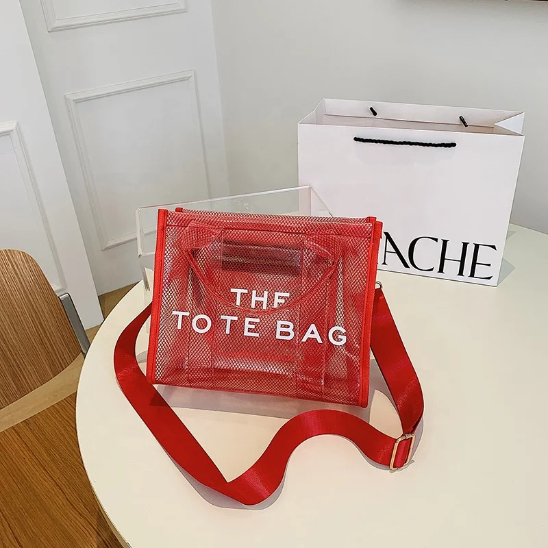 OEM custom logo clear jelly pvc mesh net beach travel tote shoulder bag EVA net women handbag