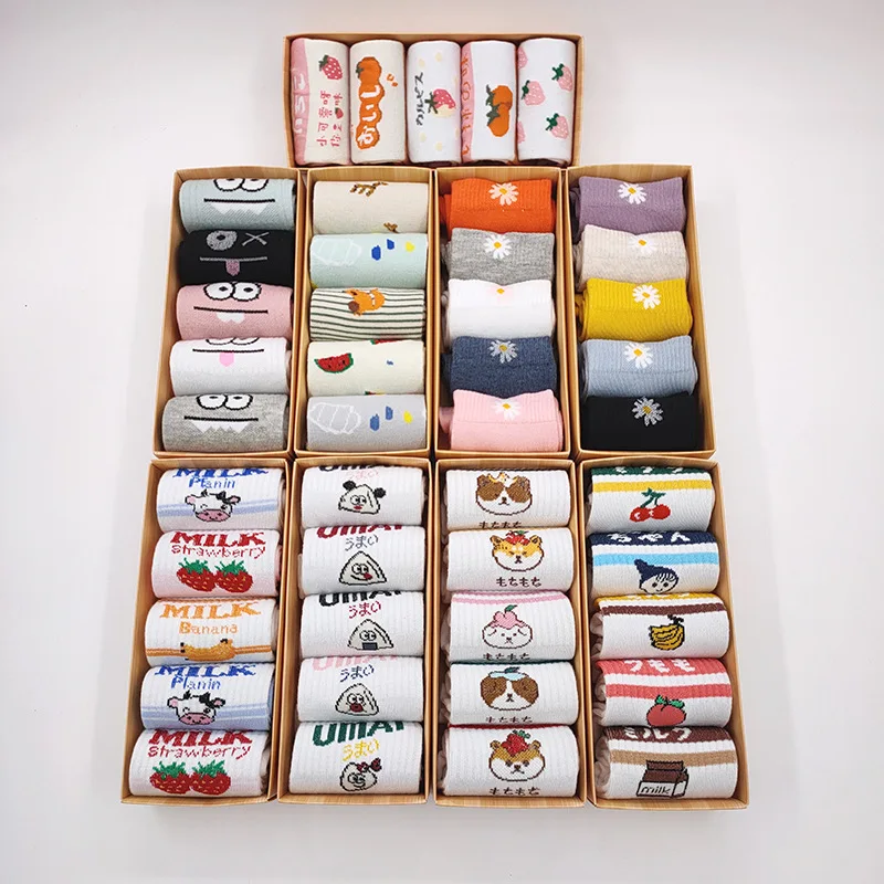 Wholesale Custom Gift Box Candy Color Crew Cotton Cute Cartoon Anime Fruit Letter Plaid Print Women Socks