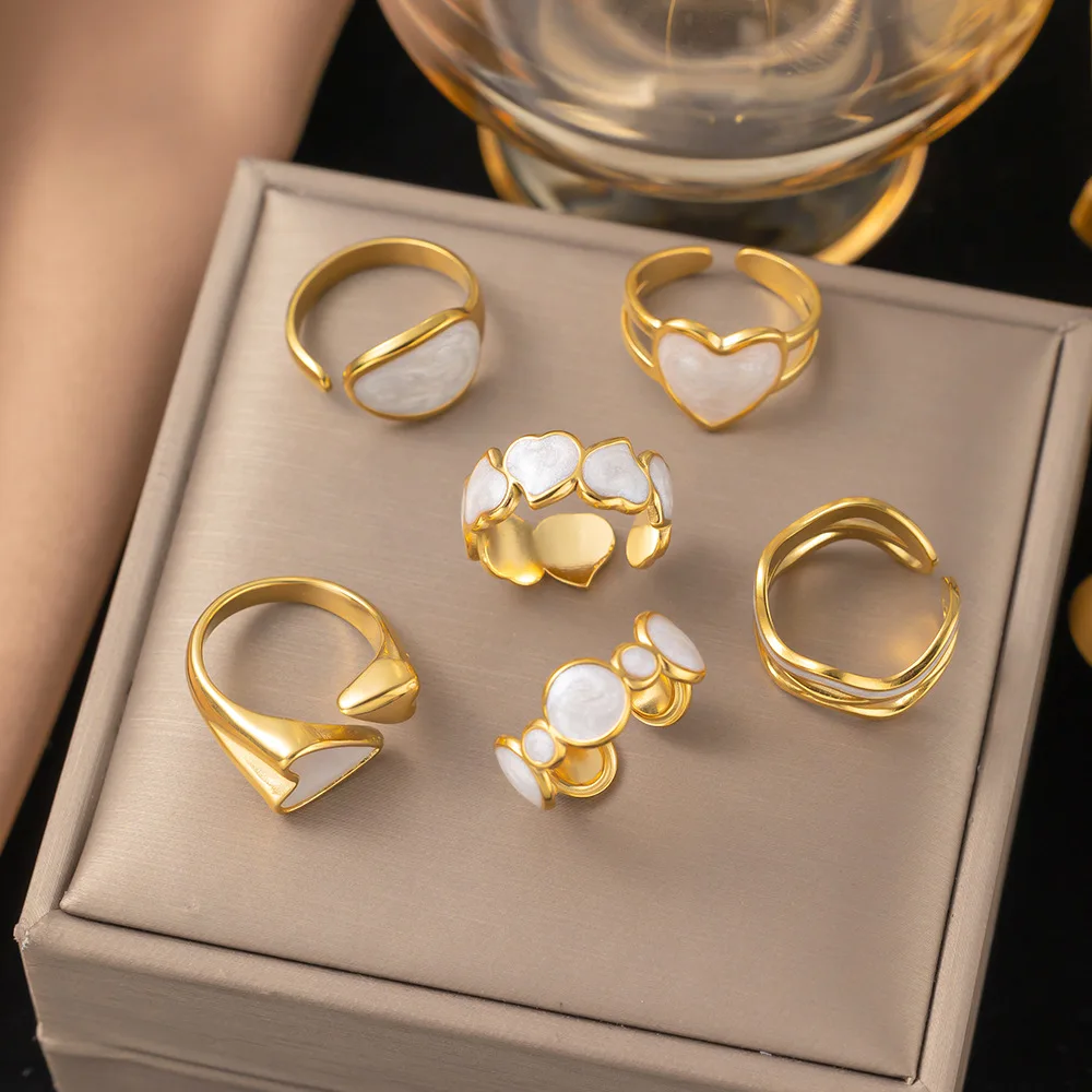 New stainless steel white shell heart hollow ring irregular geometric opening adjustable for women ring