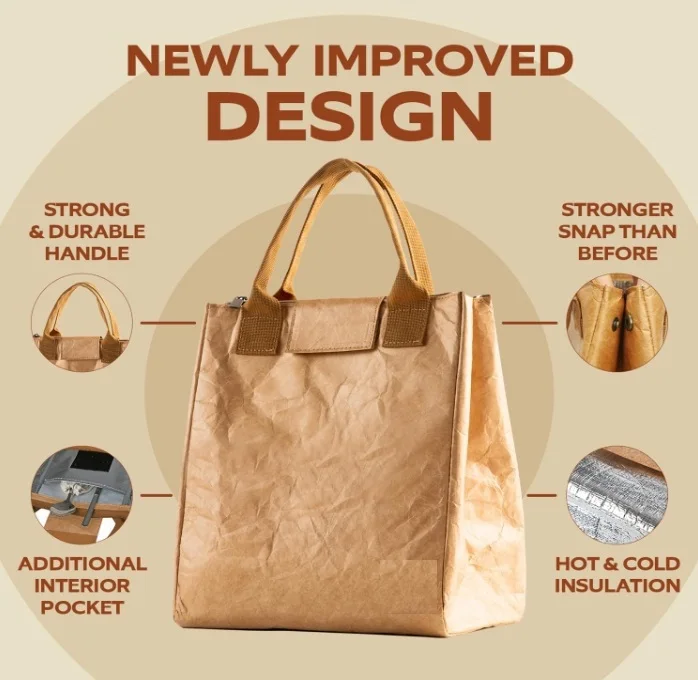 Customized Tyvek Material Lunch Cooler Bag Lunch Box Eco Friendly Washable Kraft Paper Bags 100% Leakproof Insulated Tote Bag