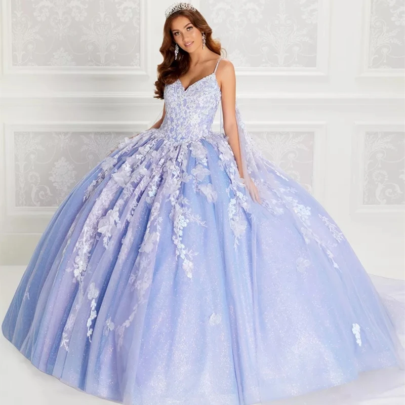 QD1551 Sparkly Quinceanera Dresses With Cape Spaghetti Straps Sweet 15 Princess Party Ball Gown Lace Appliques Beads 3D Flower