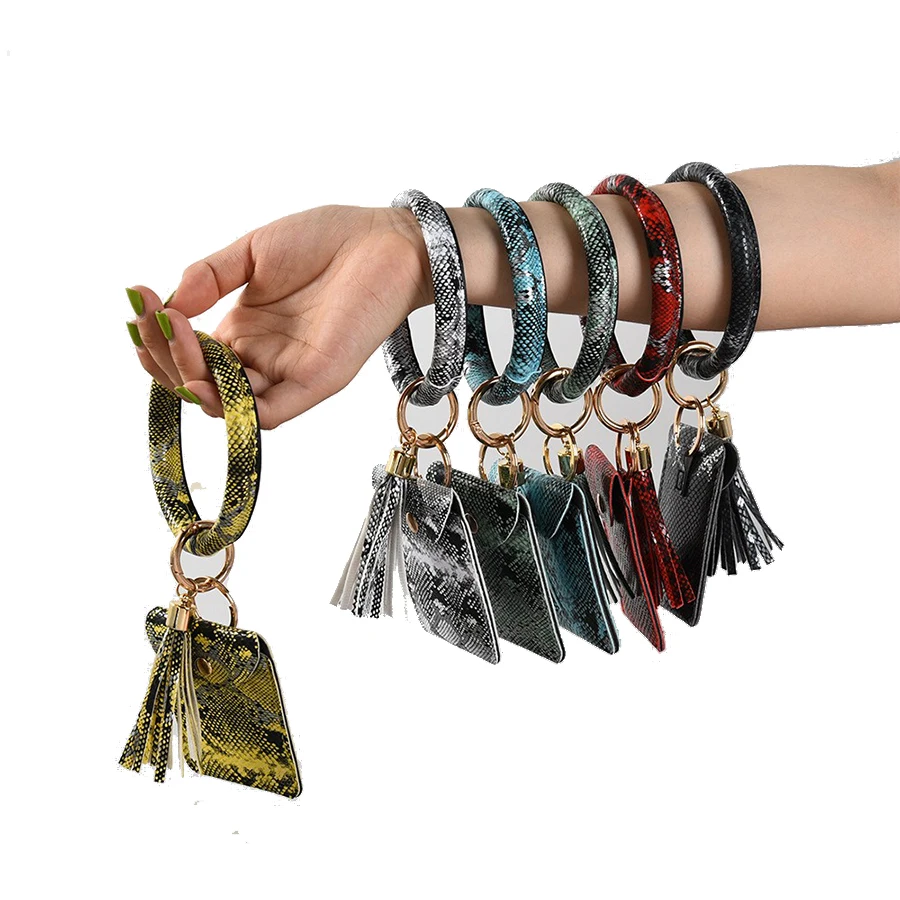 Custom Card Holder Wallet Round Keyring Bangle key chain Leather strap lanyard Bracelet wristlet keychain With Leather Tassel