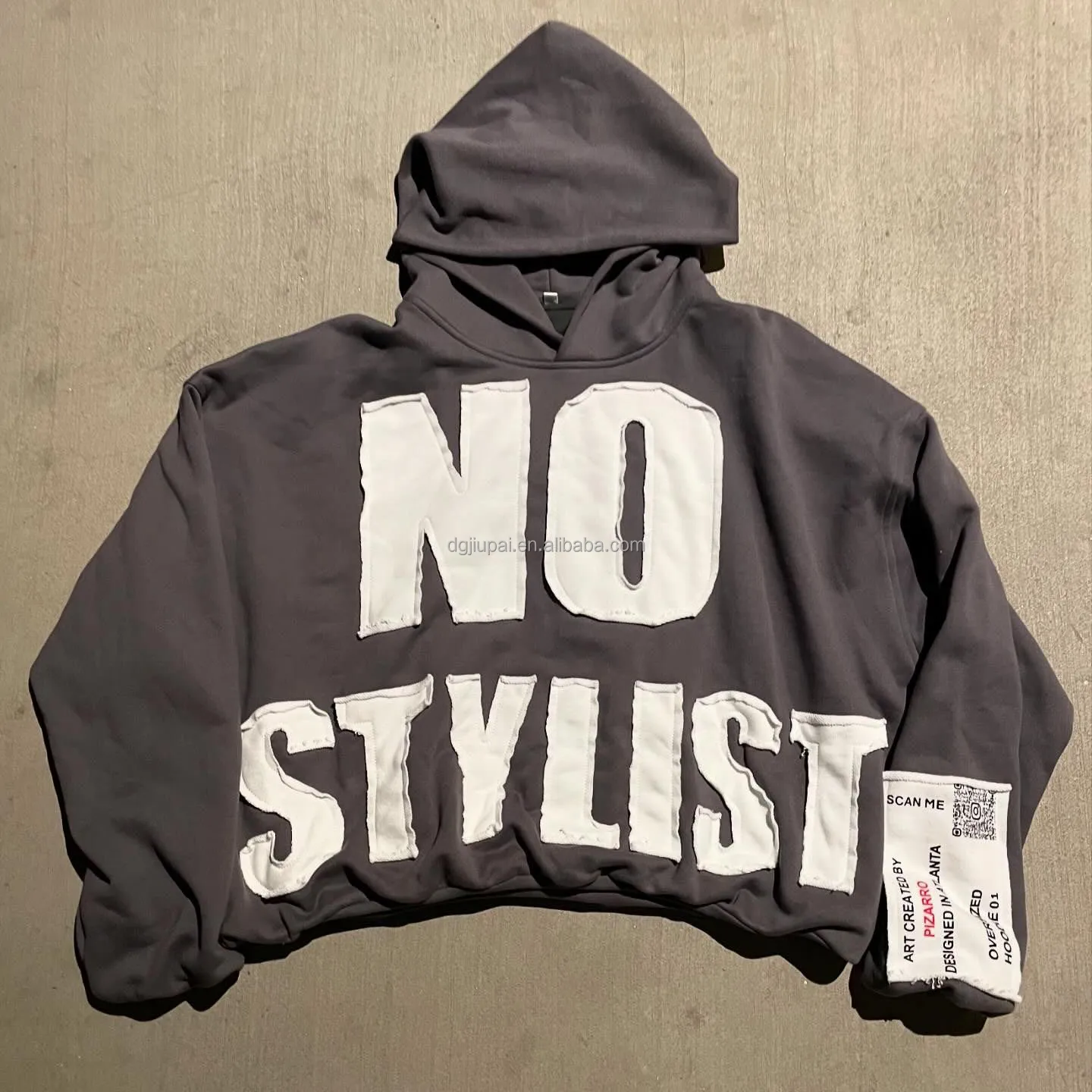 Custom No Pocket Embroidery Distressed Patch Hoodies French Terry Cropped Raw Hem Applique Cut and Sew Hoodies