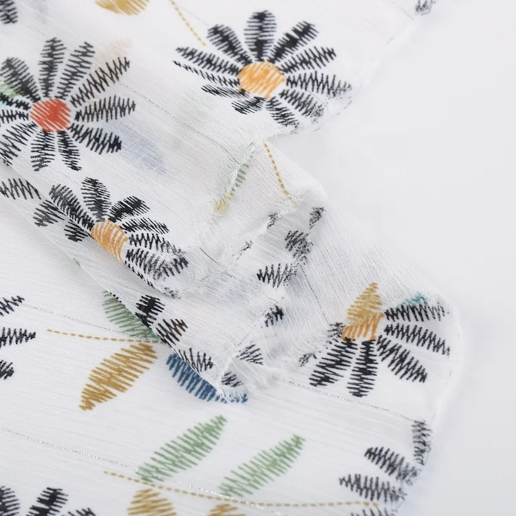 Spring summer fresh cute design silver lurex glitter chiffon fabric printed with leaves and small flower for dresses