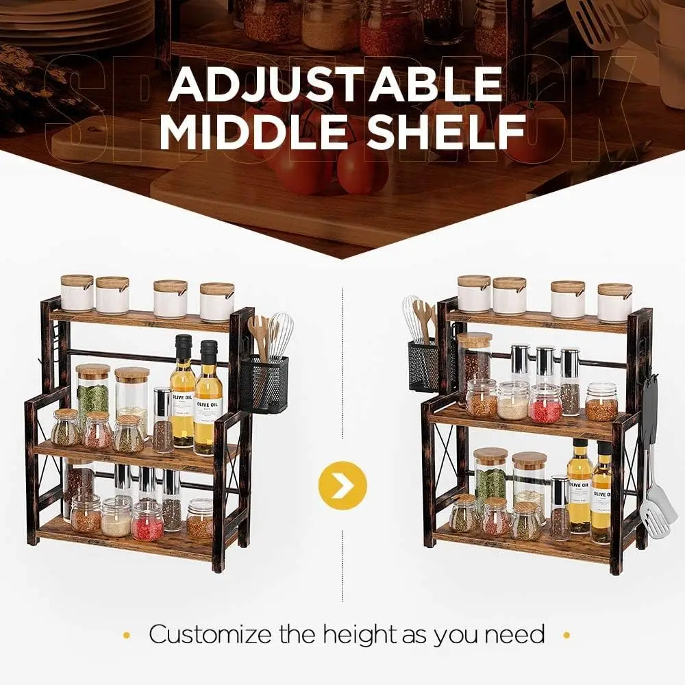 QJMAX 3-Tier Counter Shelf Spice Rack Desktop Organizer With Wire Basket Engineered Wood