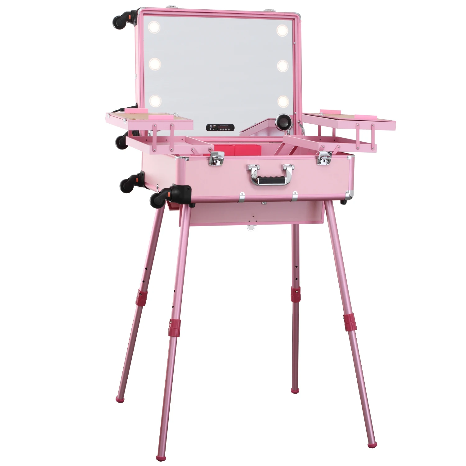 Keyson Pink Professional Trolley Beauty Case On Wheels Aluminum Makeup Train Case Trolley Professional Rolling Train Case
