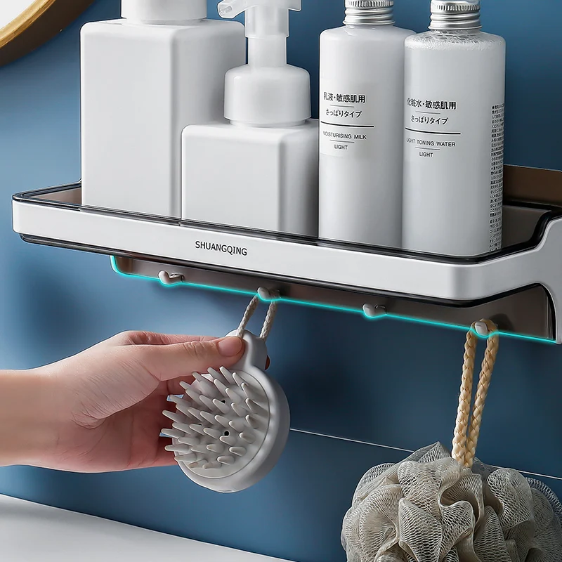 Bathroom kitchen wall mounted No drilling  plastic storage rack storage holder shelf with 4 hook wall organizer