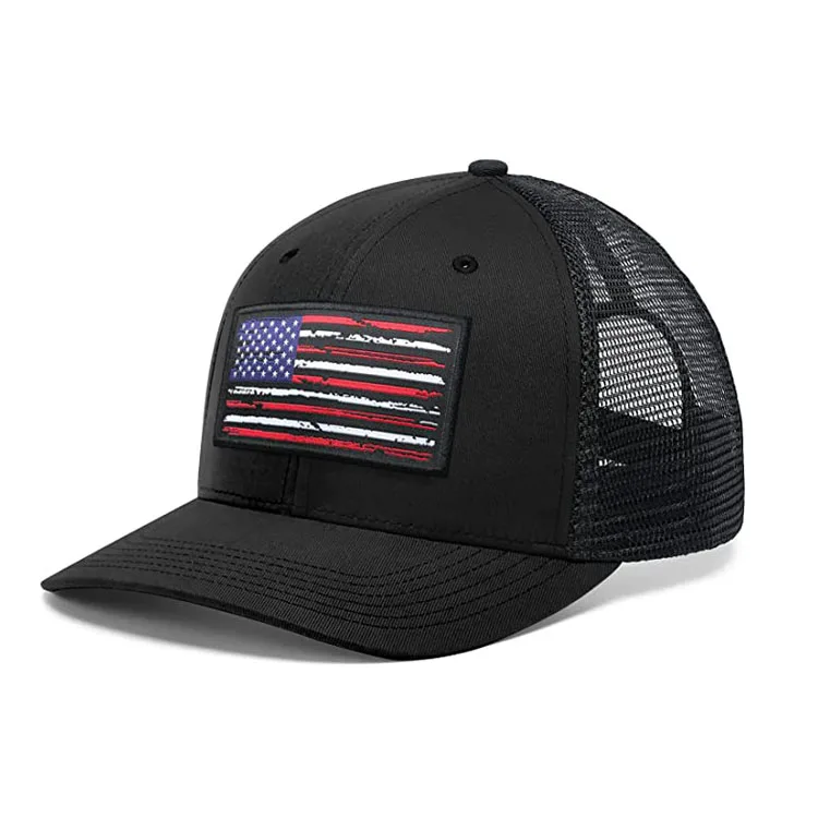 2022 Wholesale Custom 6 Panel USA Flag Trucker Cap Woven Patch Trucker Hat Twill Mesh Snap Back Hats Caps