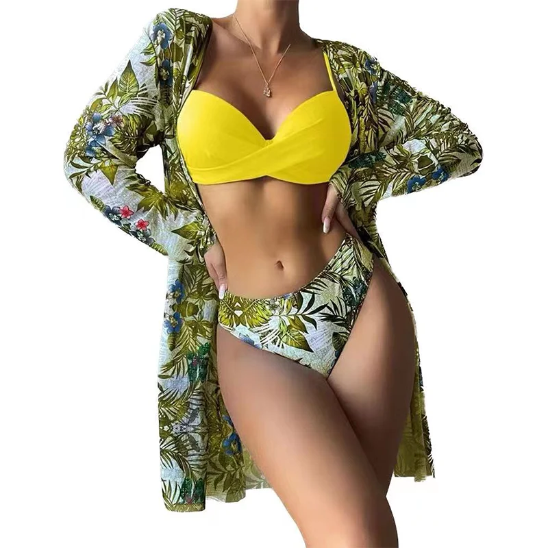 European and American three piece swimsuit bikini shawl mesh split bikini sexy backless hard wrap long sleeved swimsuit
