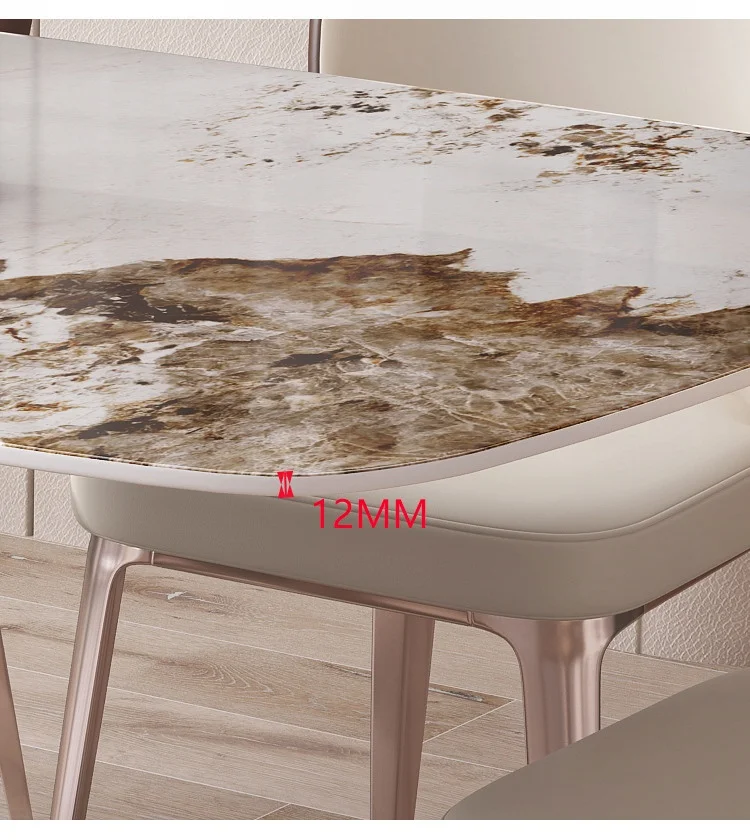 Modern Luxury Rectangular White Dinner Kitchen Dining Table with Rock Slab Stone Table Top and Metal Legs  for Dining Room