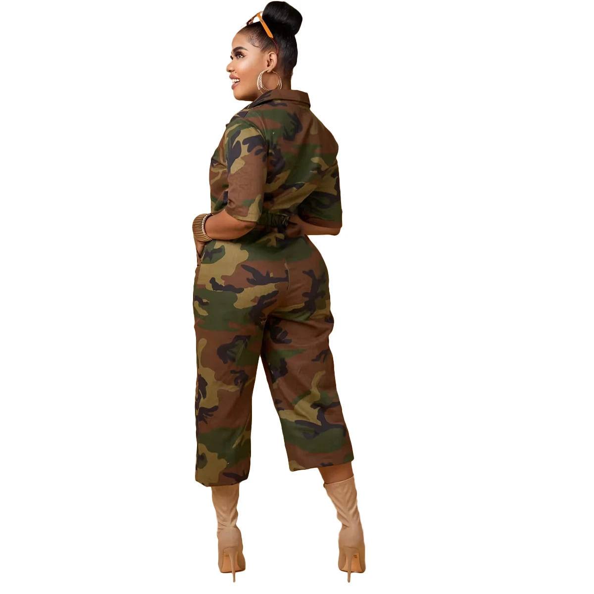 Y1889 Casual Camouflage Wide-Leg Lapel Cargo Jumpsuit with Pockets