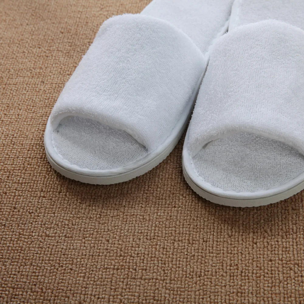 Hot selling OEM hotel customer logo open and closed toe disposable brushed terry cloth slippers