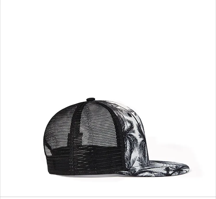Palm Tree Print Black and White Two Tone Adjustable Summer Travel Mesh Snapback Cap