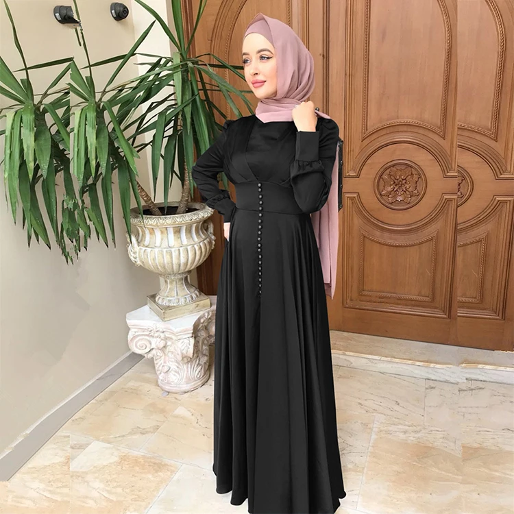 High Quality Modest Clothing Islamic Dress Solid Color Elegant Beaded Satin Muslim Women Dress