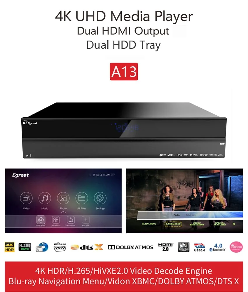 Проигрыватель Egreat A13 4K Ultra HD 3D Blu-Ray HDD и проигрыватель потокового видео с адаптивной проводной сетью 1000