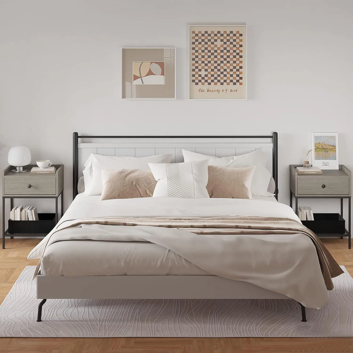 Modern 2-Tier Side Table with Drawer Bedside Table Night Stand Storage Shelf with Metal Frame for Bedroom, Living Room