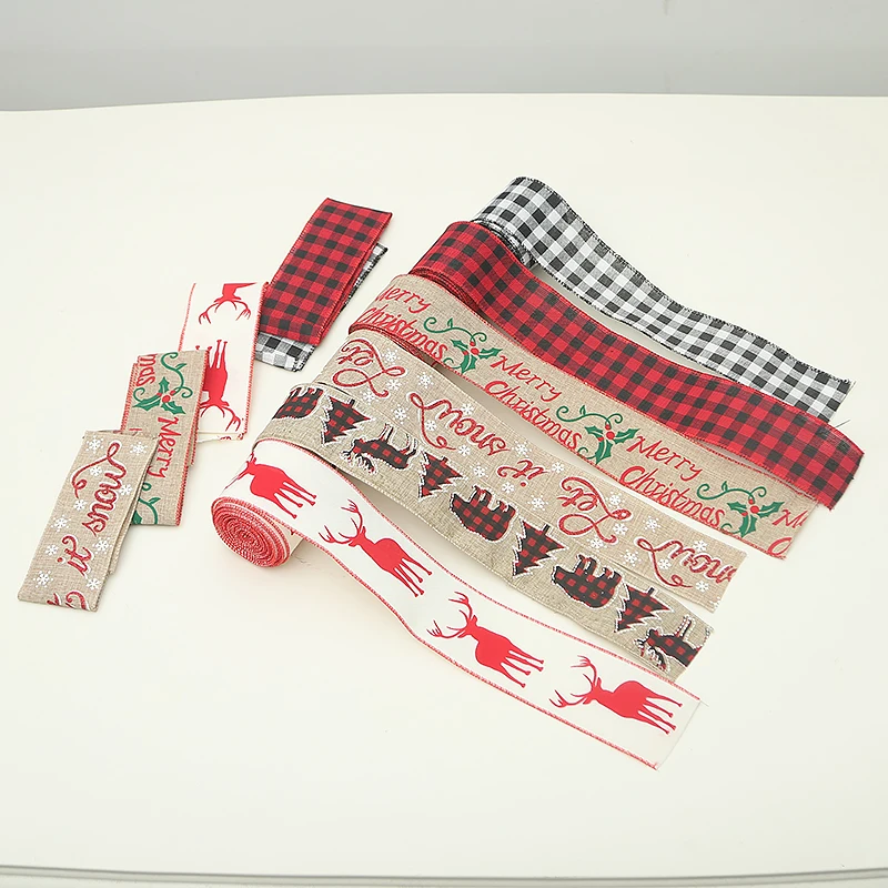 
CR-B199A Diy Crafts Imitation Linen Burlap Decoration Red Wide Printed 6 Cm Christmas Gift Ribbon 