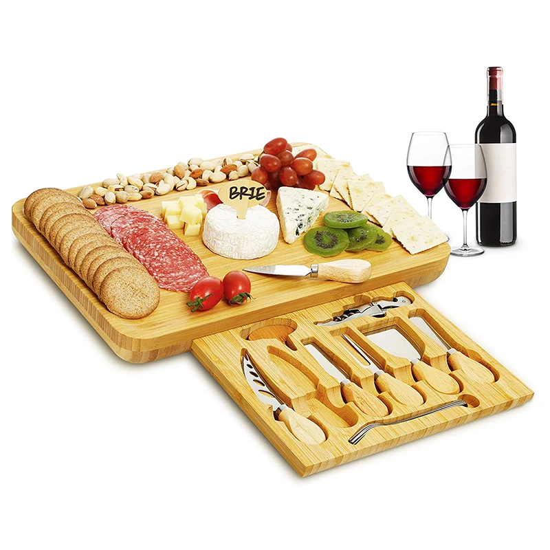 Бамбуковая доска для сыра и набор ножей премиум-класса. Тарелка для сыра и колбасы, набор разделочных тарелок из бамбука для подачи еды.