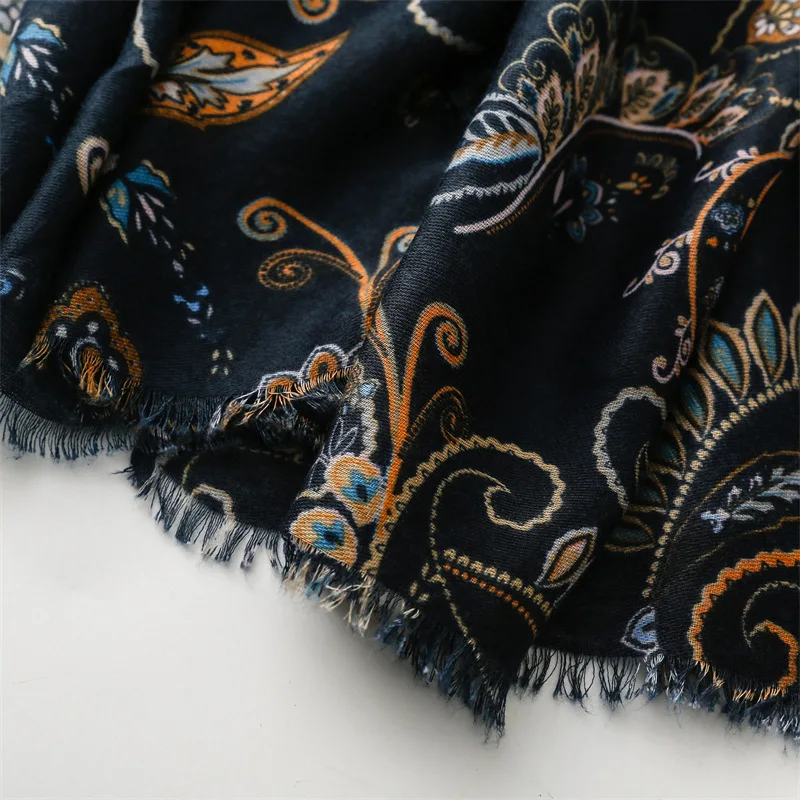 Ethnic Style New Black Hook Flower Print Cotton Feeling Scarves Ladies Fancy Cashew Pattern Cotton Scarf Shawl Hijab With Tassel