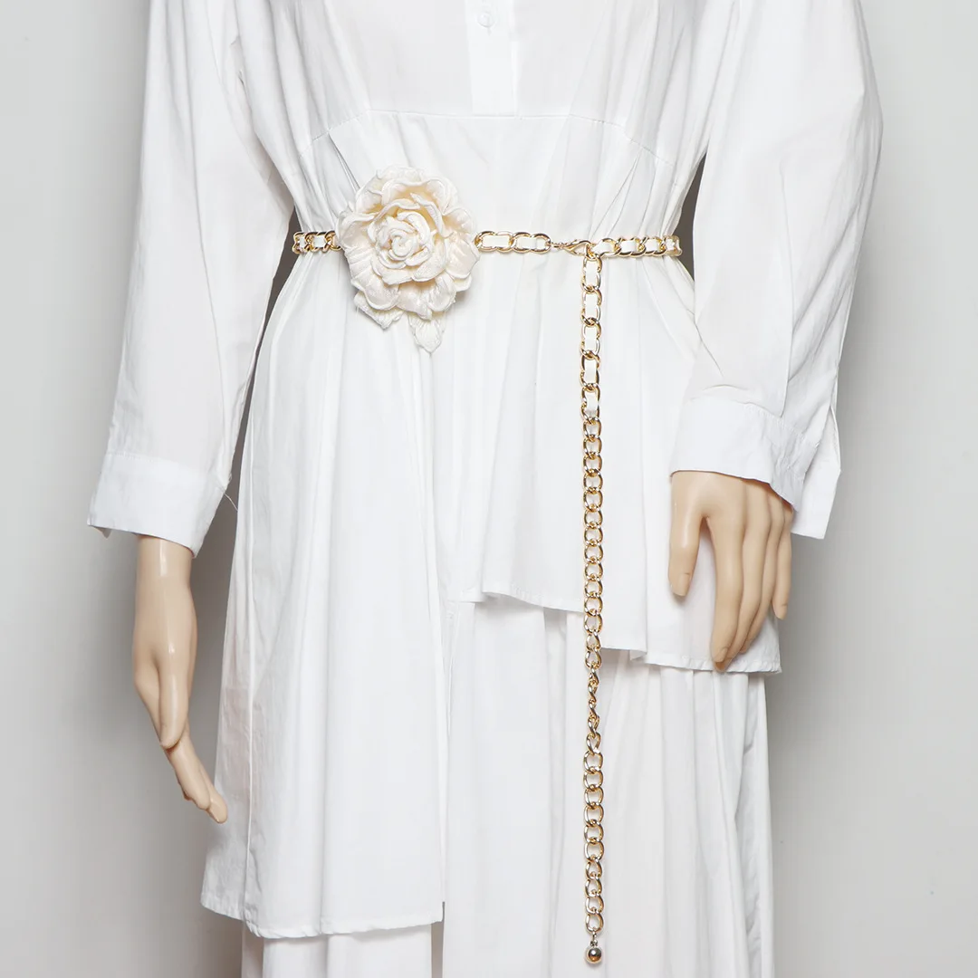 High Quality Designer Leather Belts Elegant Camellia Chain Belt Adjustable Ladies Waist Chain Women Metal Belt Cadena De Cintura