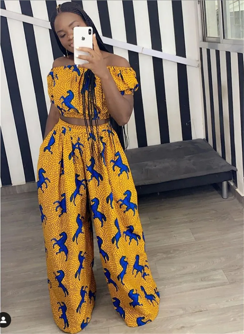 African Dashiki Womens 2 Piece Outfit Off Shoulder Crop Tops  Loose Wide Leg Pants Two Piece Set Women Clothing Sexy Summer