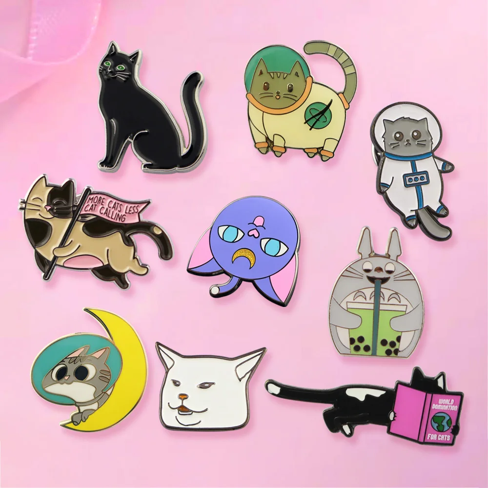 Эмалированная булавка от производителя, индивидуальная партия, металлическая эмалированная булавка в виде мультяшного кота с комплектом